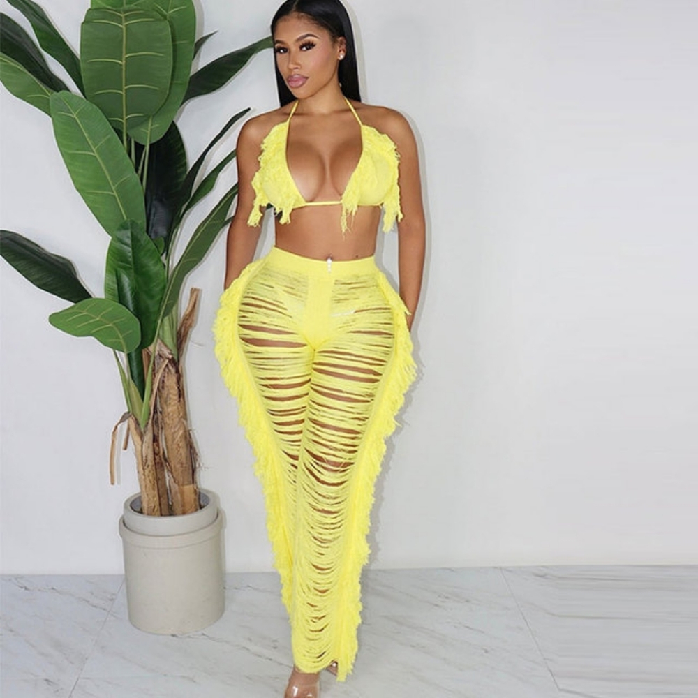 Knitted Cut-out Fringe Pants
